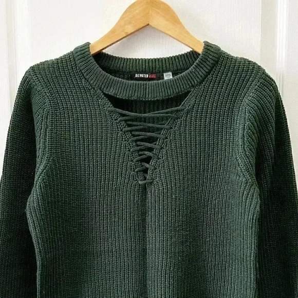 Devoted Sweater Lace Tie Front Keyhole Neckline High Low Hem Green Size Small - Picture 5 of 16